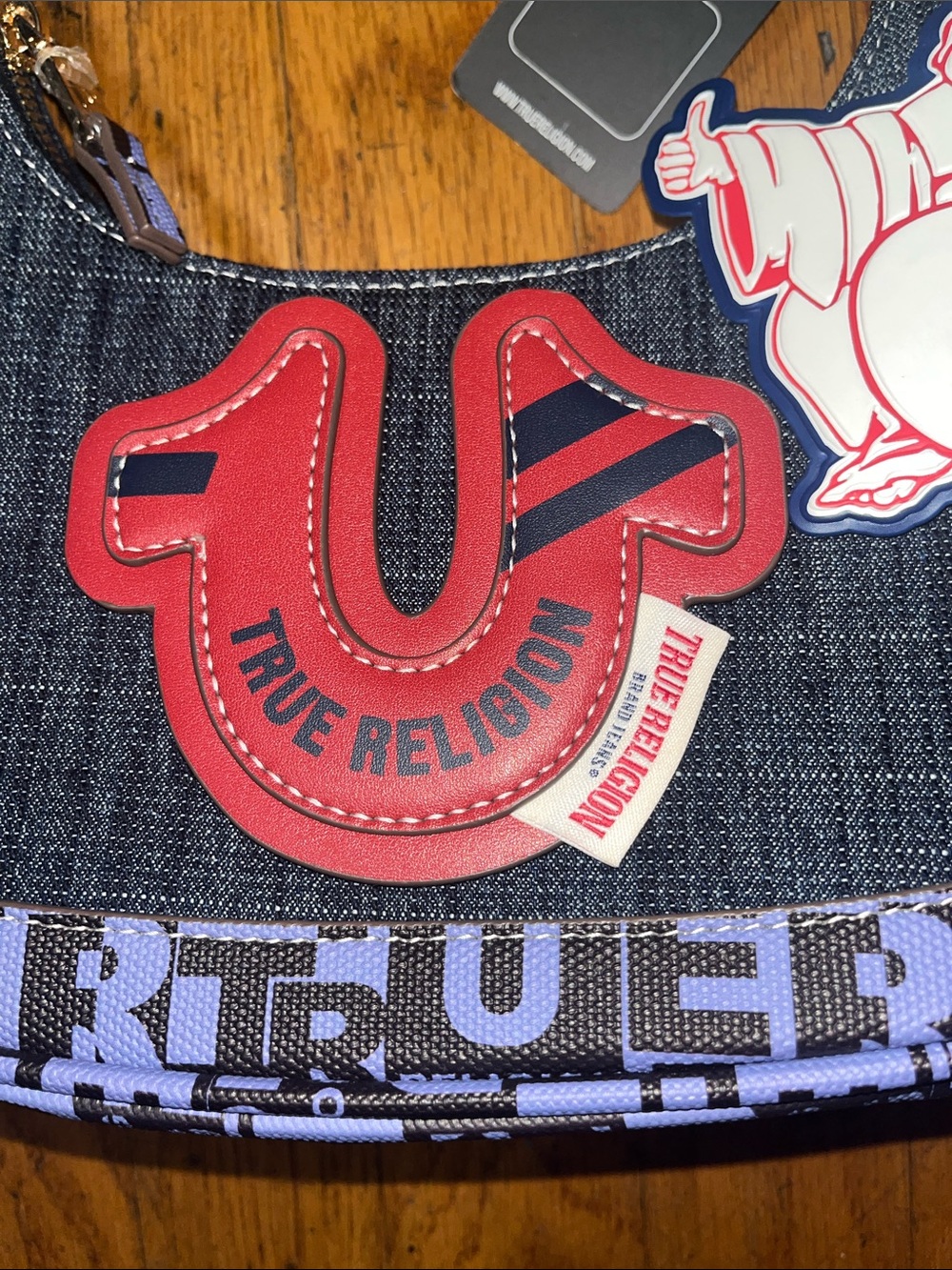NWT True Religion Denim Shoulder Bag with Red Crest and Two Charms - Picture 2 of 14